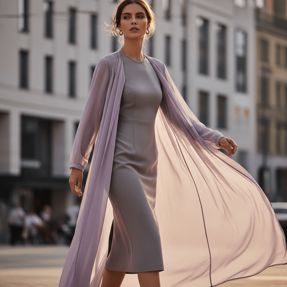 Pale lavender chiffon duster coat drapes over a muted grey midi dress in golden hour light.