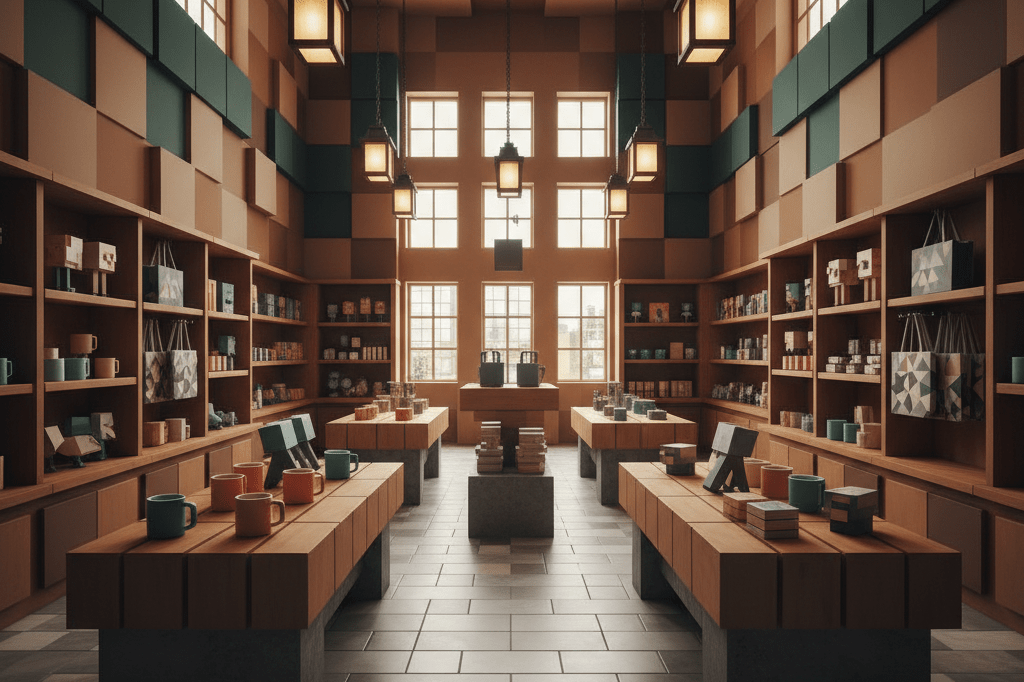 Wide-angle view of a creatively designed retail area featuring angular furniture and generic block-themed products under soft ambient lighting.