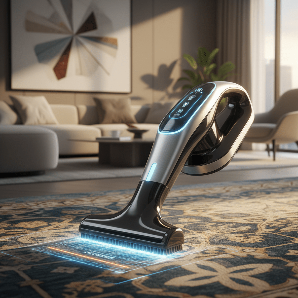 Modern carpet cleaner with holographic stain detection feature. Sleek handheld carpet cleaner with holographic stain detection on a patterned rug.
