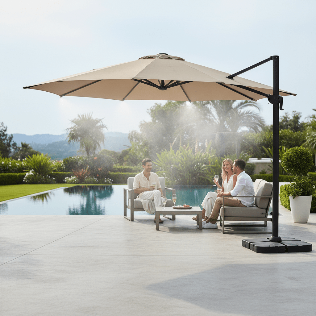 Elegant cantilever umbrella with misting system on a modern patio.