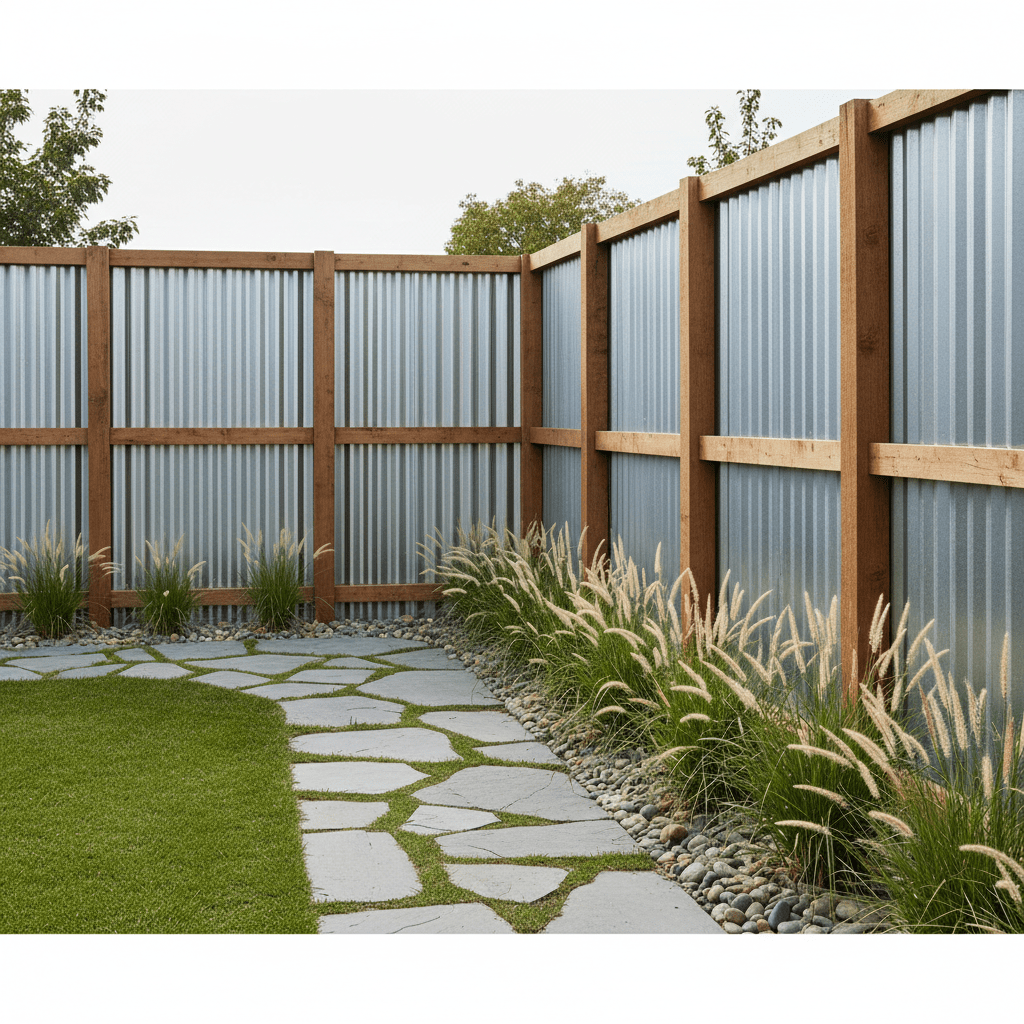 Modern backyard with corrugated steel panels and natural wood posts, industrial-chic fencing.