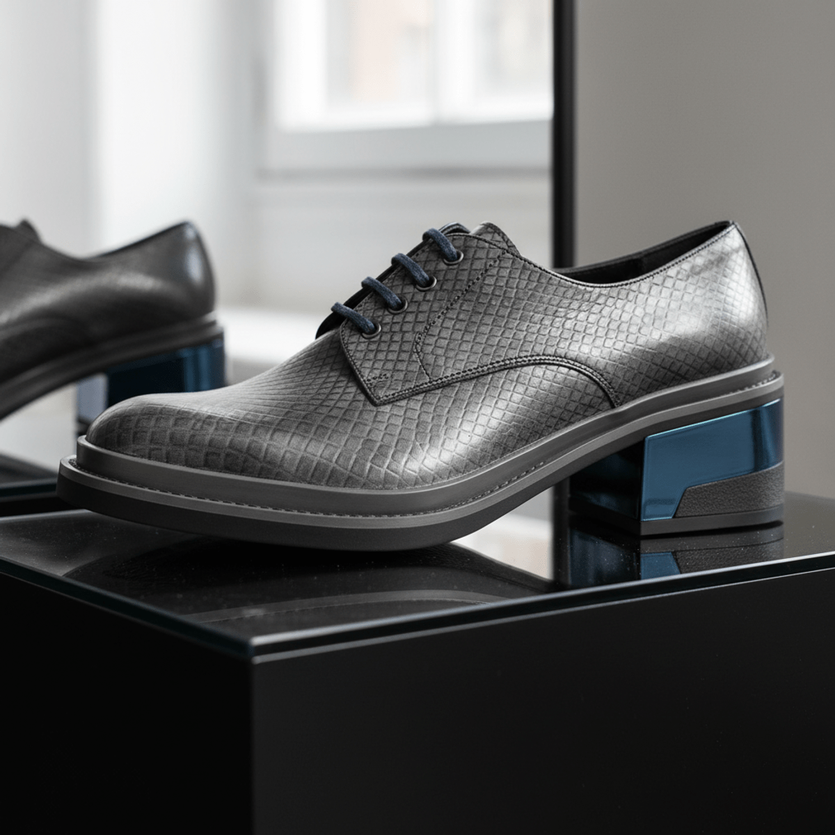 Futuristic Derby shoes with snake embossing and angular steel-blue heels.