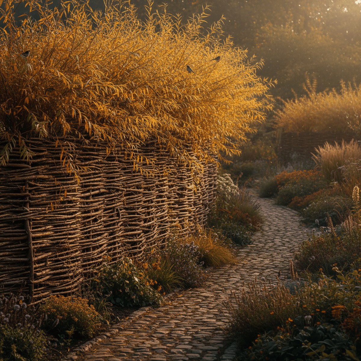 Rustic living willow fence with golden autumn leaves curves through a landscaped garden.
