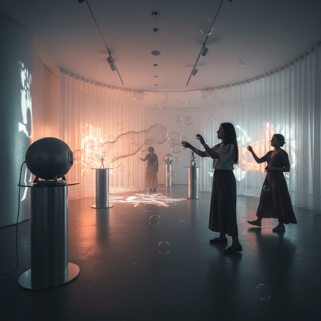 Futuristic art gallery with scented fog bubbles drifting through light projections and mist.