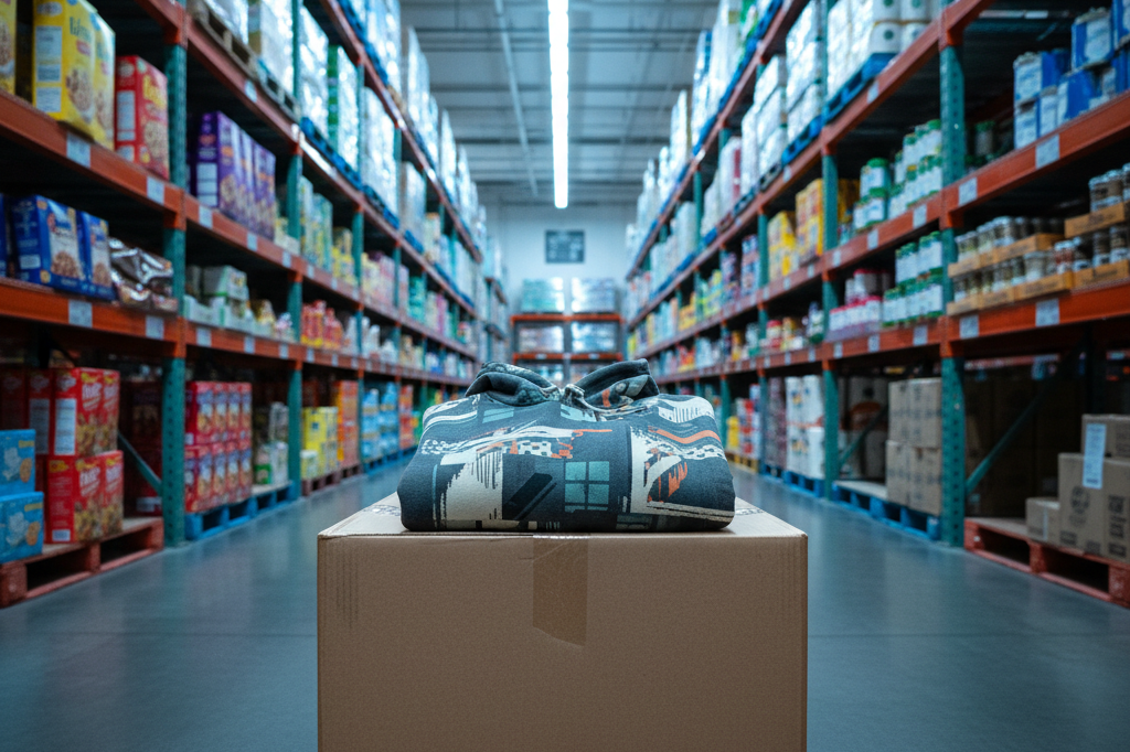 Folded designer-style hoodie on a box in a warehouse aisle under fluorescent light