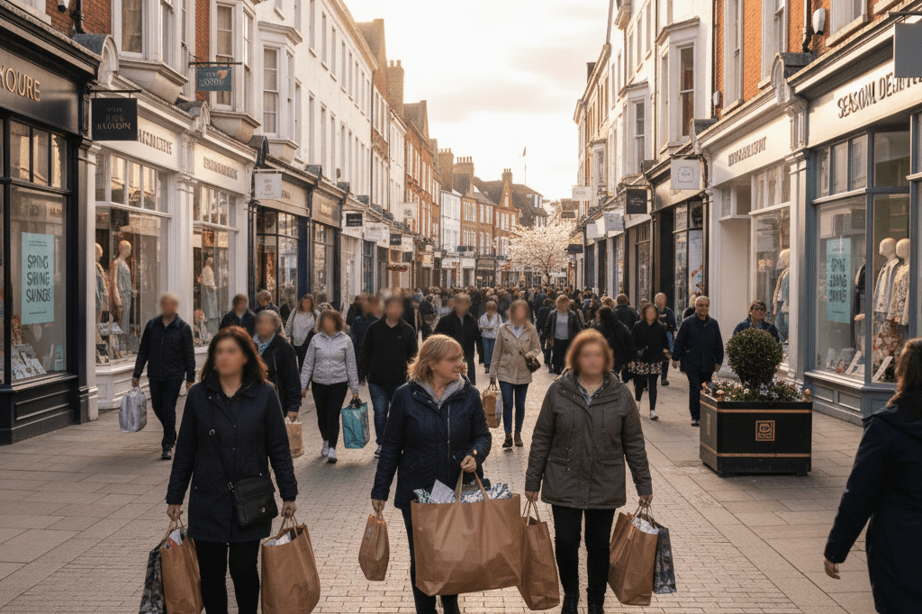 Photorealistic wide shot of a busy UK high street with shoppers and seasonal promotions under natural lighting