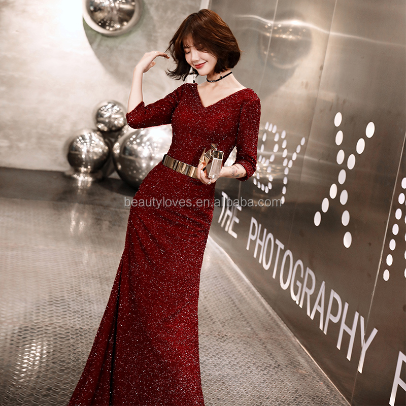Dark Red Evening Dress Gown Long Sleeve Vintage Muslim Mermaid Prom Dress  Special Occasion Formal Dresses