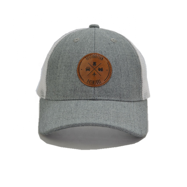 Factory 6 Panel Custom Leather Patch Logo Mesh Trucker Cap Leather Patch Trucker Hat
