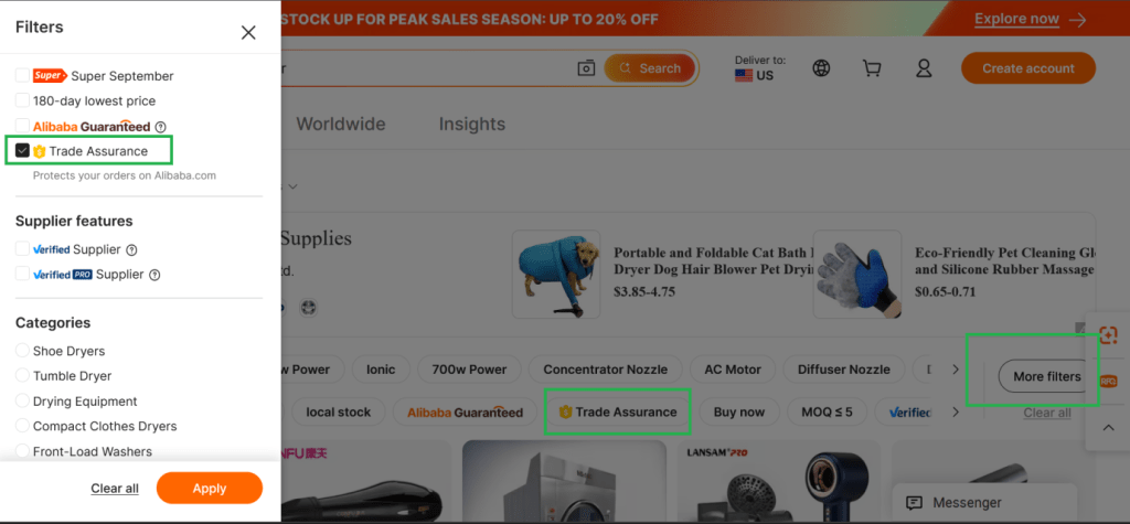 Buyers can easily filter for Trade Assurance suppliers on Alibaba.com