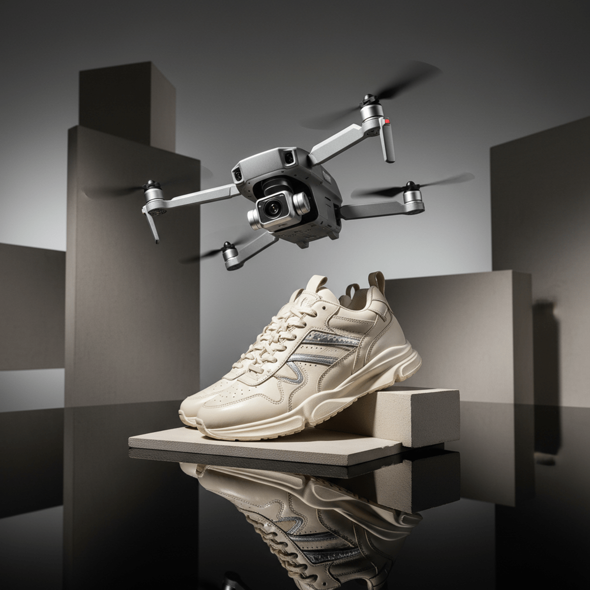 Mini drone in choreographed motion above glossy surface, circling luxury sneakers.
