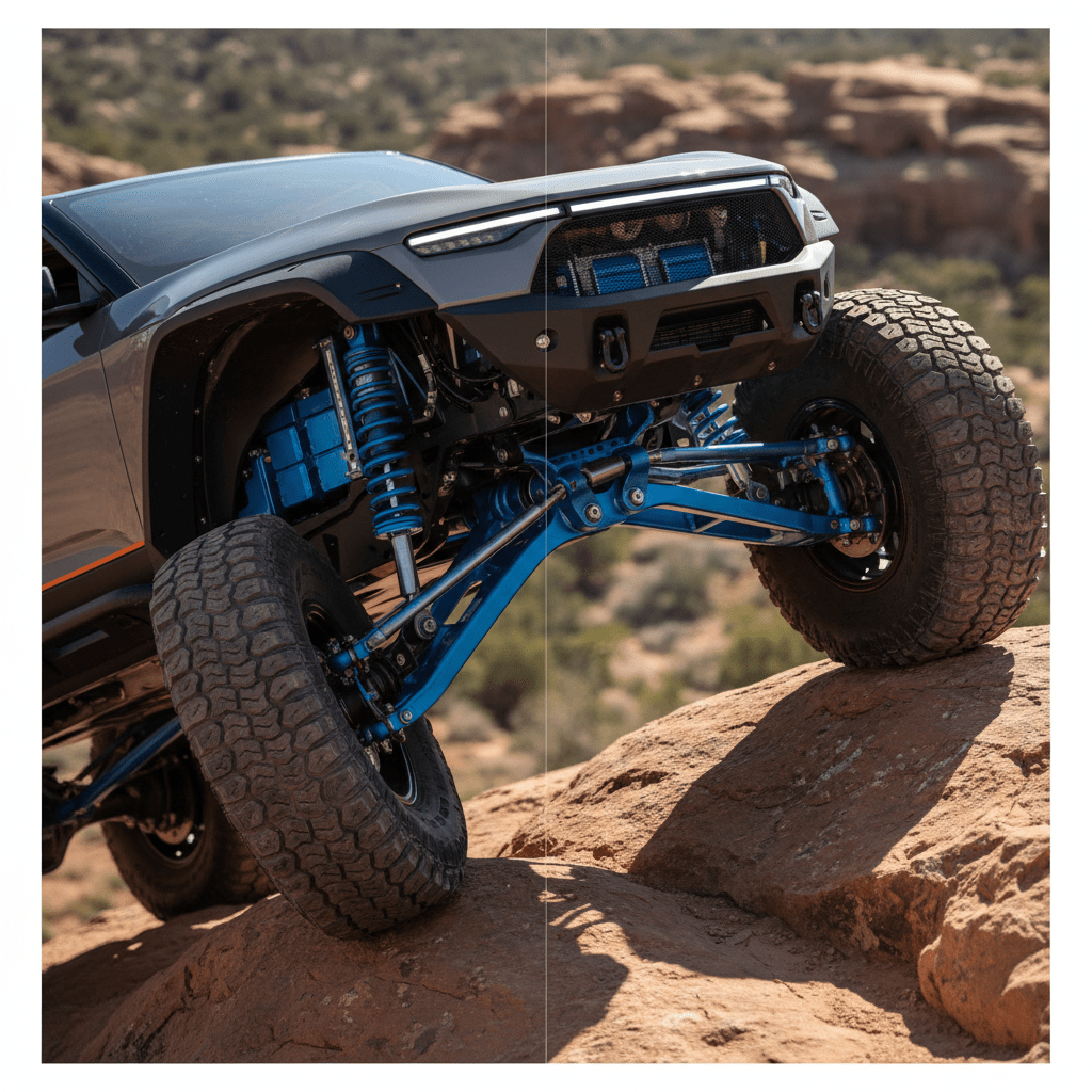 Electric off-road vehicle with massive tires climbing a steep rock face.