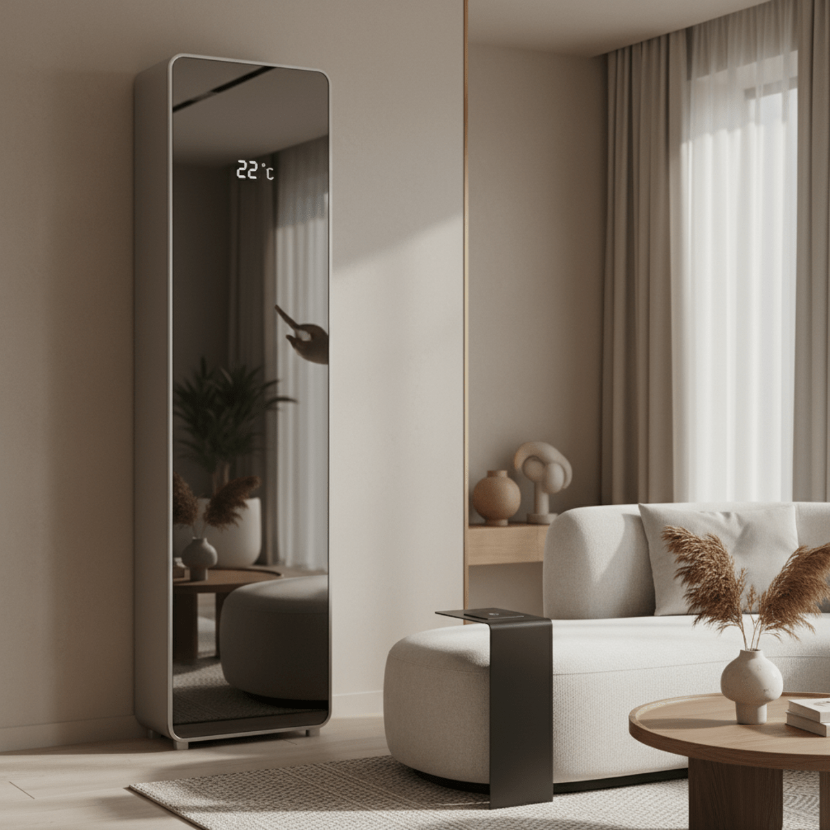 Sleek vertical air conditioner with dark glass front panel in a modern living room.