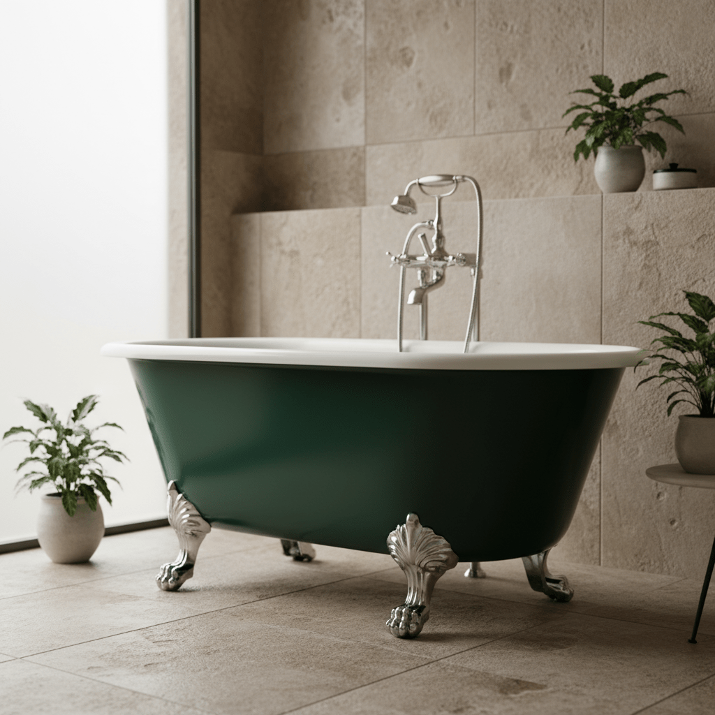 A vintage emerald green clawfoot tub in a minimalist bathroom with stone tiles.