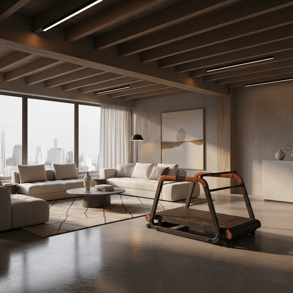 Sophisticated dog slatmill with charcoal frame and terracotta grips in a modern loft.