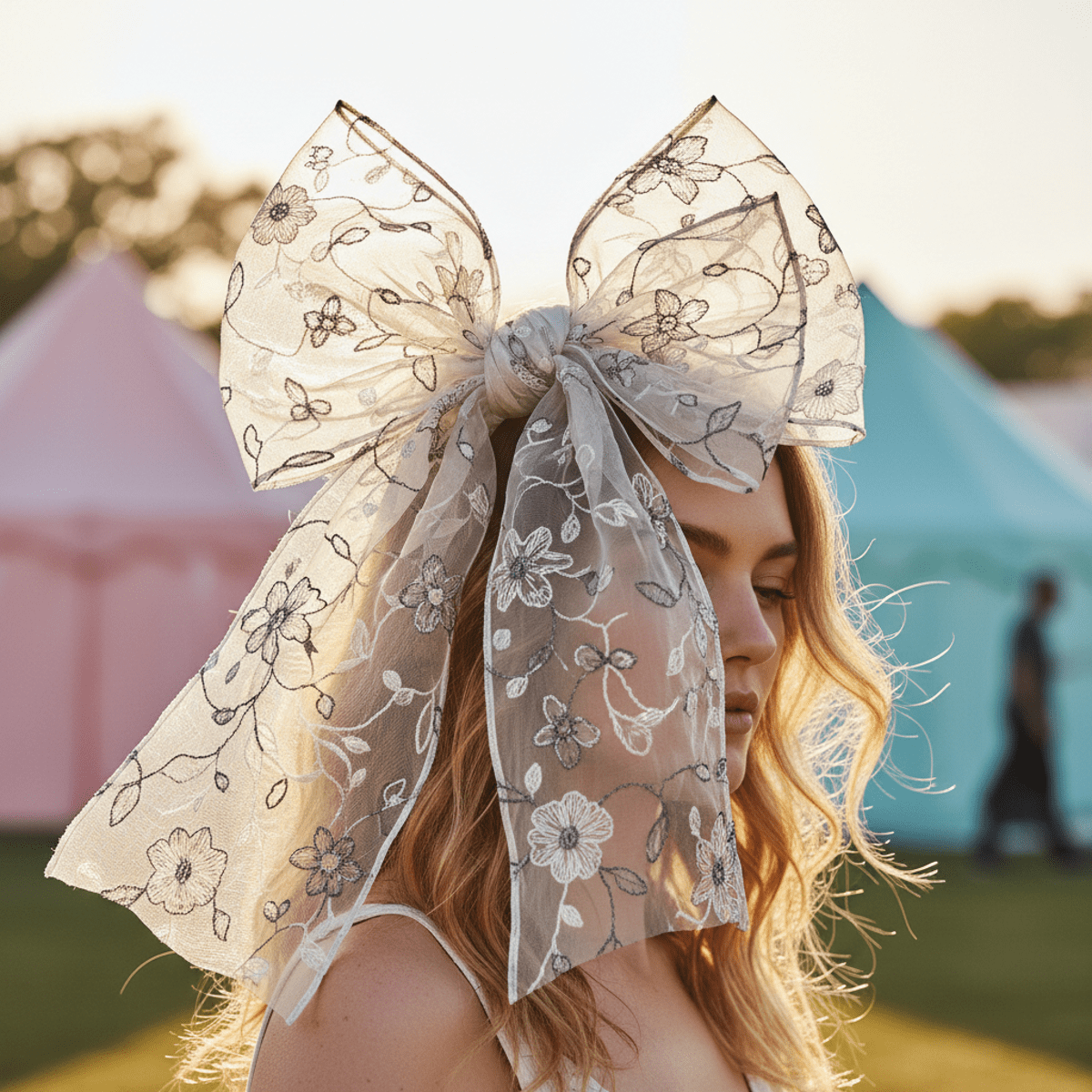 Woman wearing a large, sheer organza bow headband with floral embroidery in golden hour light.