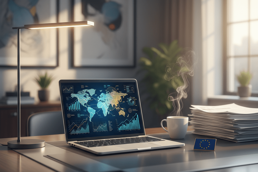 Business desk with trade graphs and shipping docs under warm light, representing strategic market growth