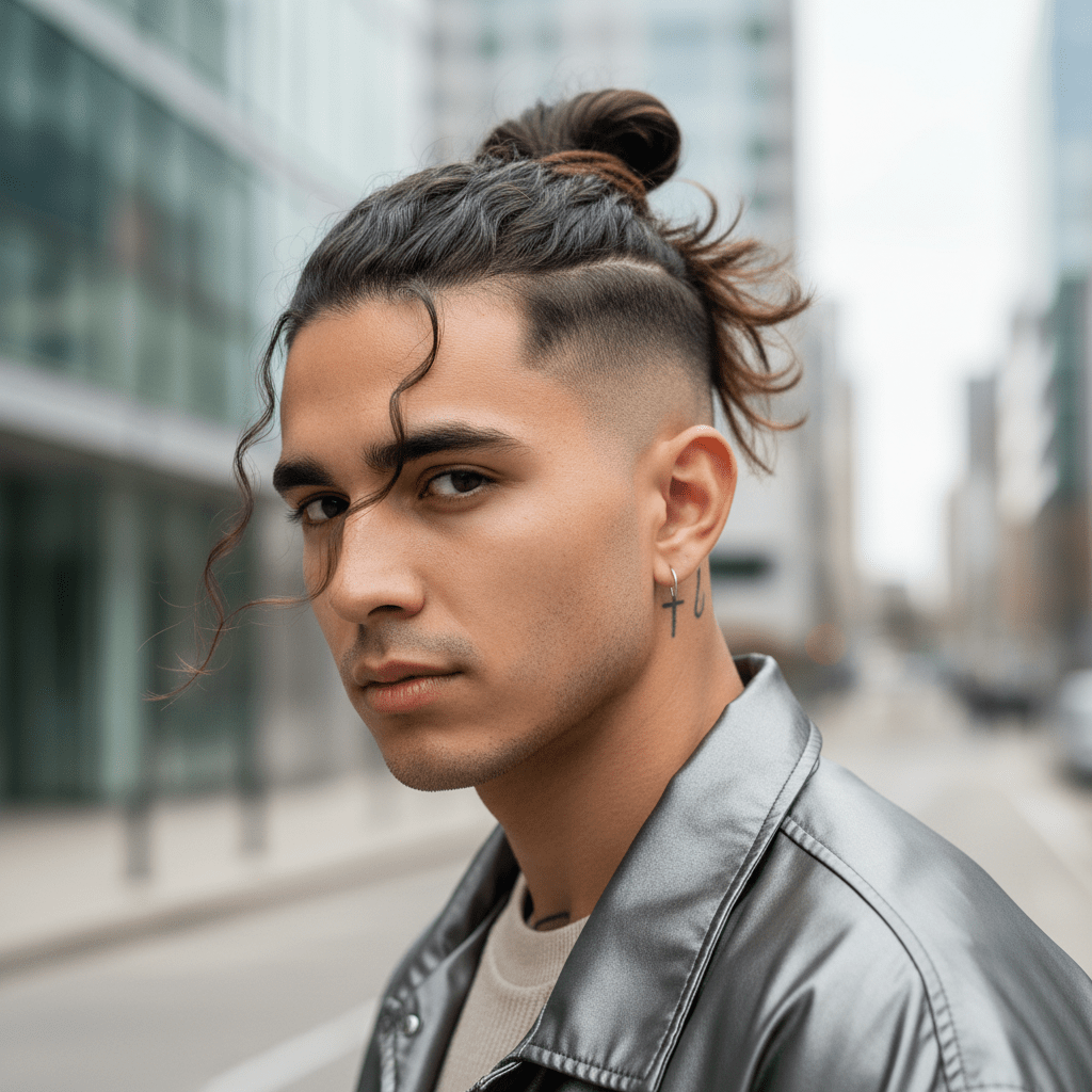 Young man with textured top-knot hairstyle, sharp undercut, and braided patterns in a bun.