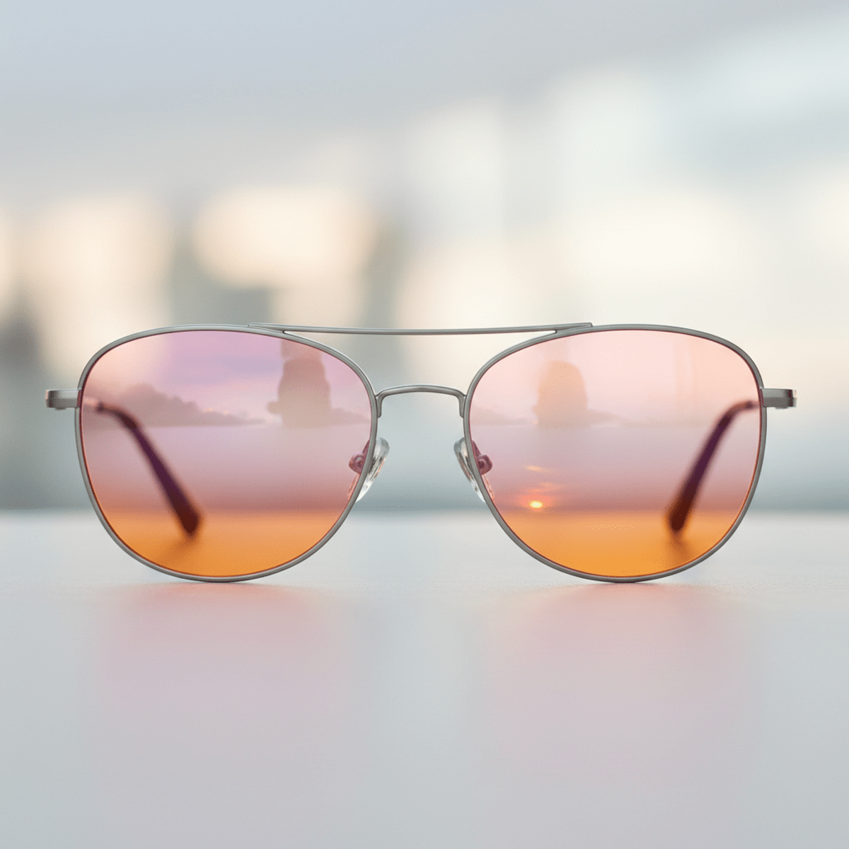 Close-up of trendy glasses with gradient sunset lenses and a brushed metal frame.