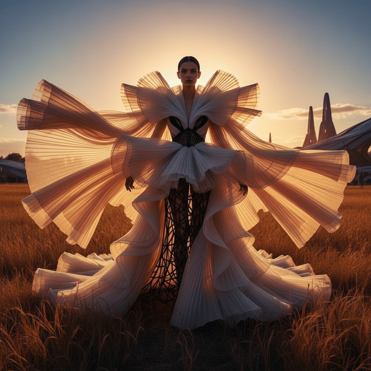Maximalist gown with extreme volume and cascading ruffles in golden hour sunlight.