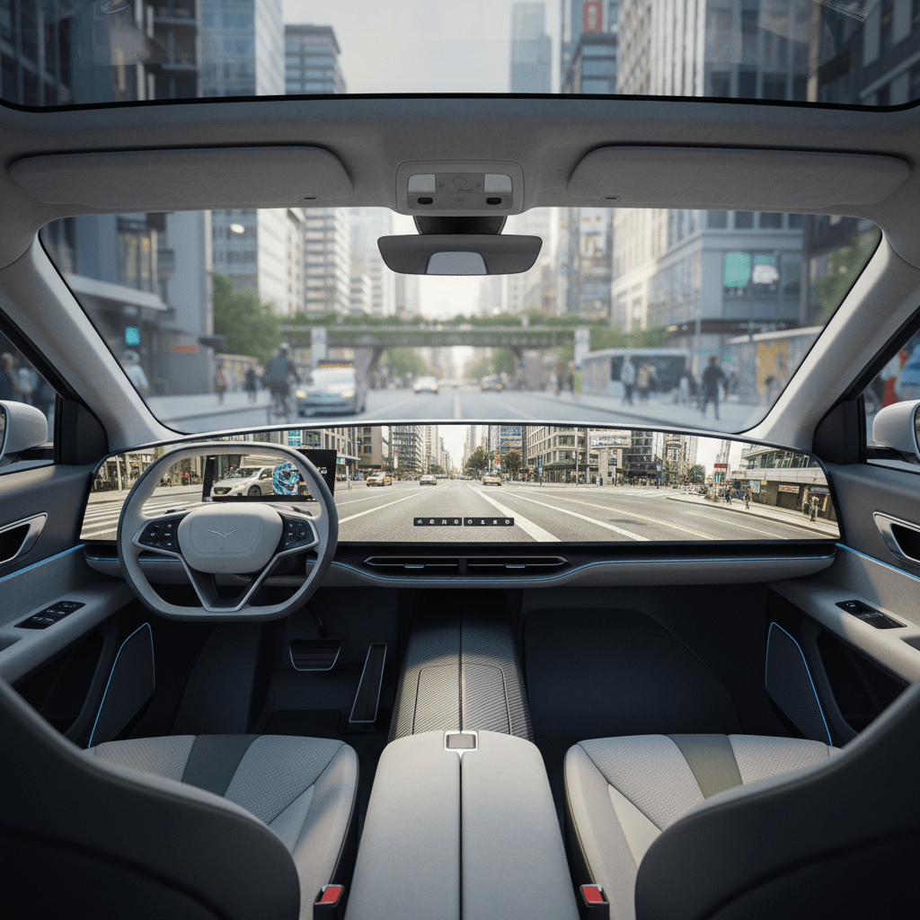 Futuristic autonomous vehicle cockpit with 8K camera capturing a bustling urban street.