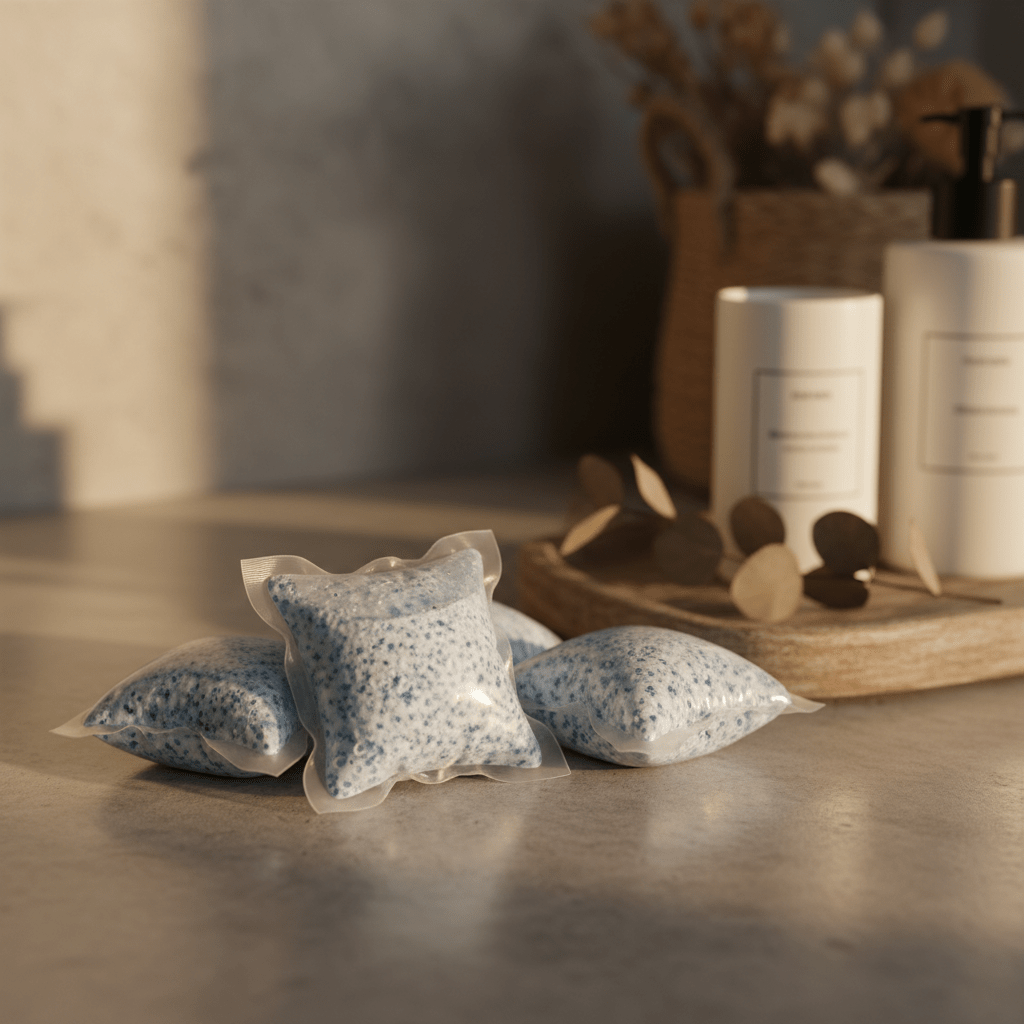 Biodegradable laundry pods in translucent seaweed packaging gleam on a stone countertop.