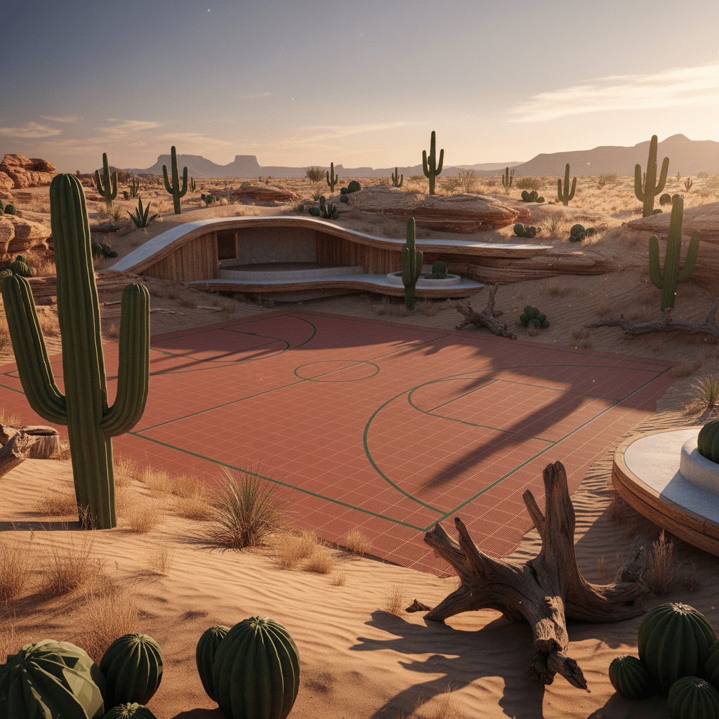 Warm terracotta basketball court tiles in a sculpted desert landscape at golden hour.