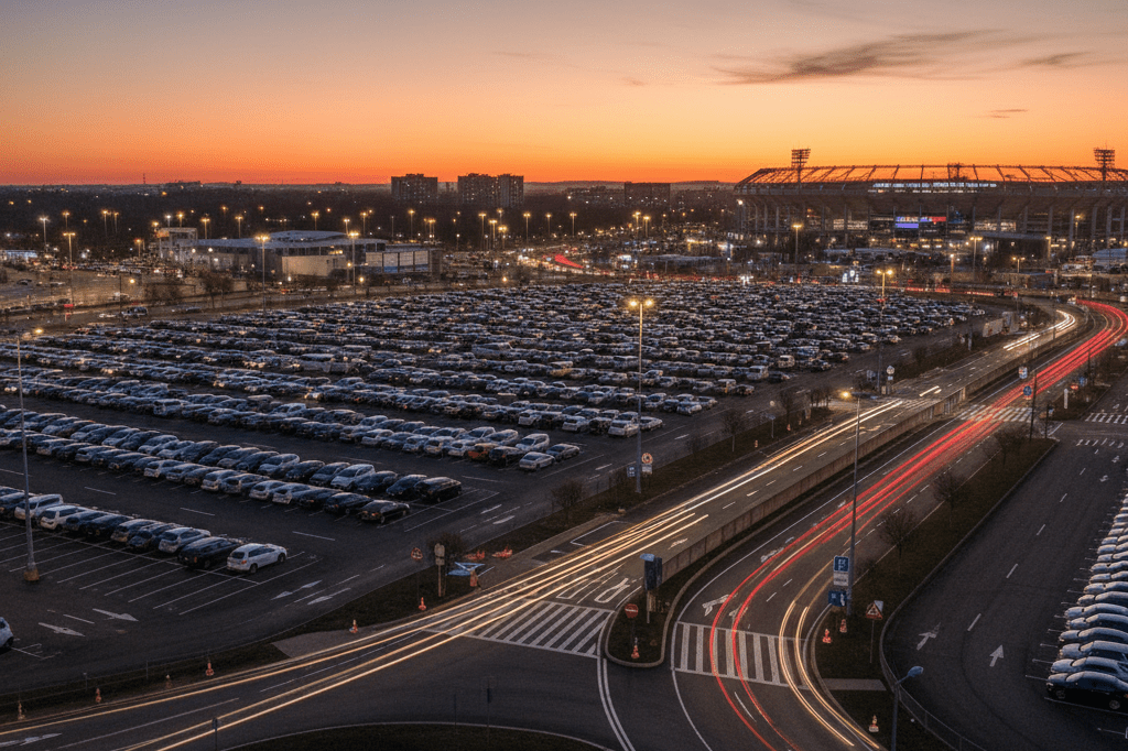 Wide shot of a bustling yet orderly stadium parking lot under warm evening lights, showcasing effective traffic flow and organization.