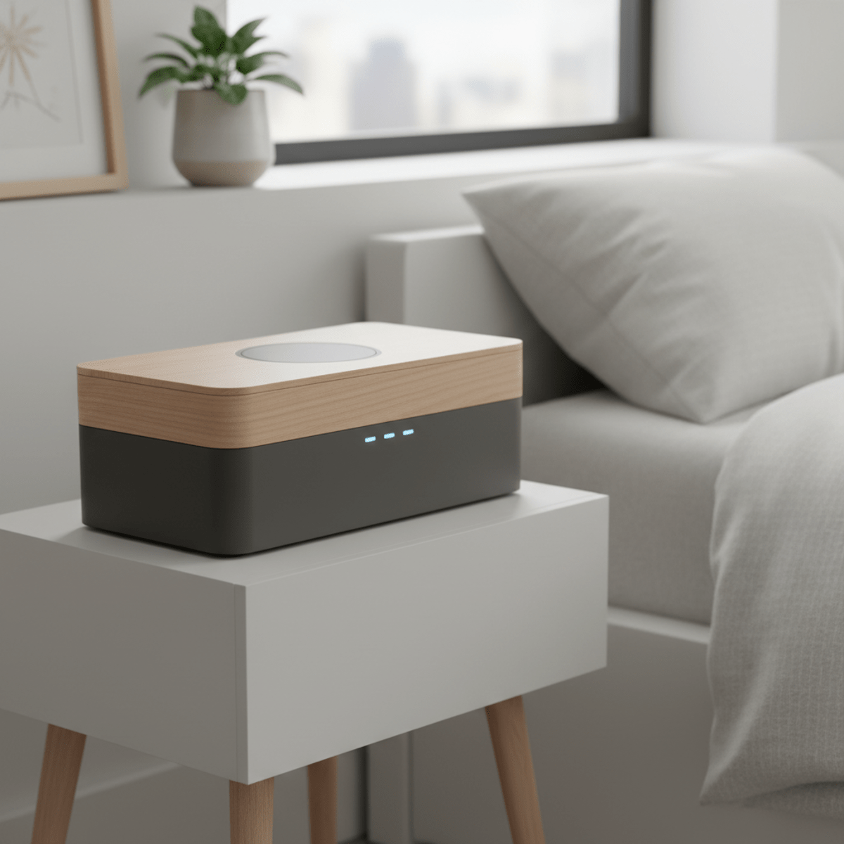 Sleek storage box with UV-C sanitization on a modern bedside table.