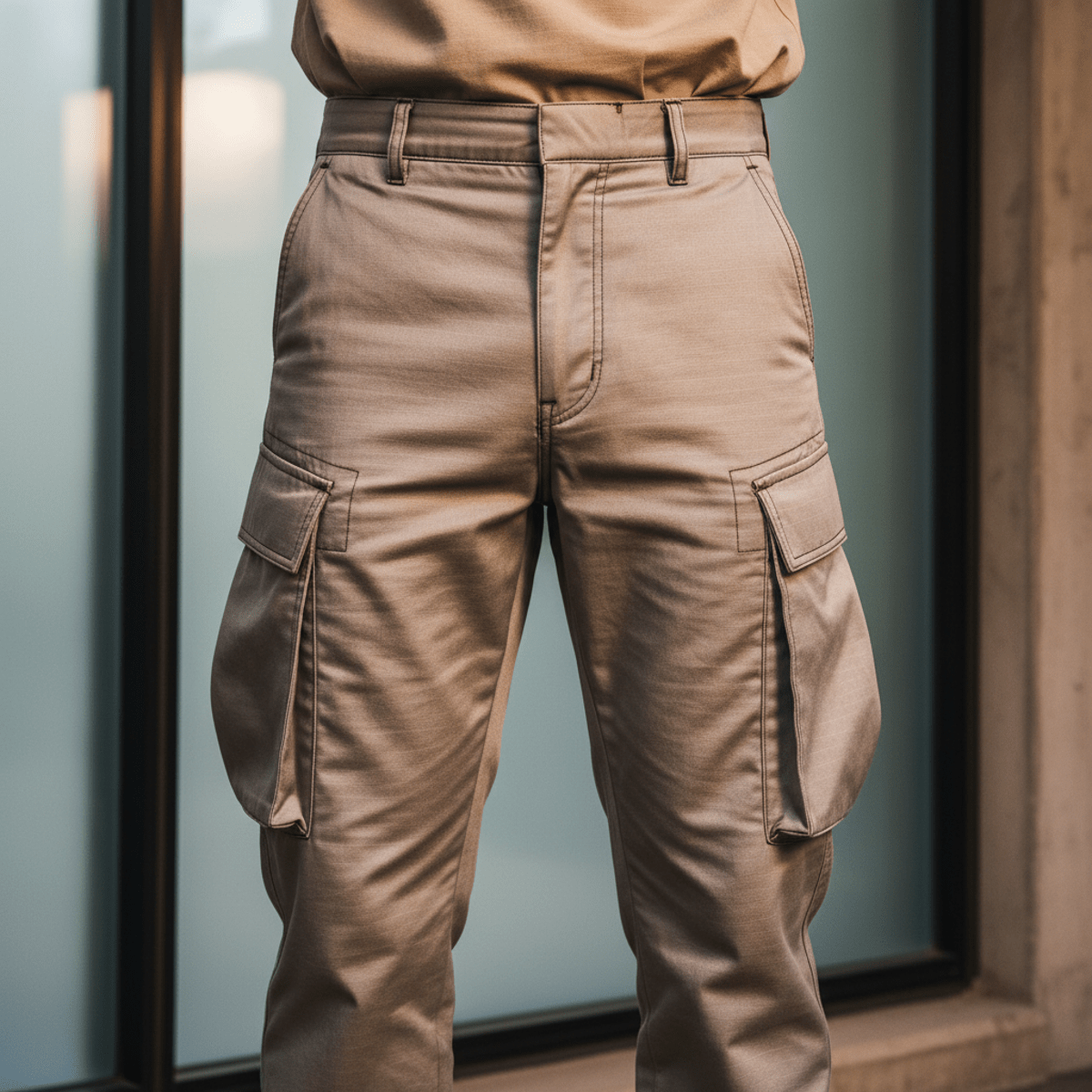 Close-up of silk-nylon composite BDU trousers in a modern upscale interior.