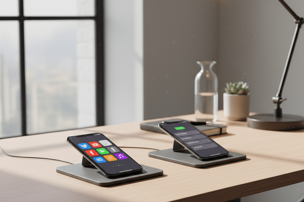 Office desk featuring smartphones with generic social media apps under warm natural light, highlighting proactive digital conflict resolution.