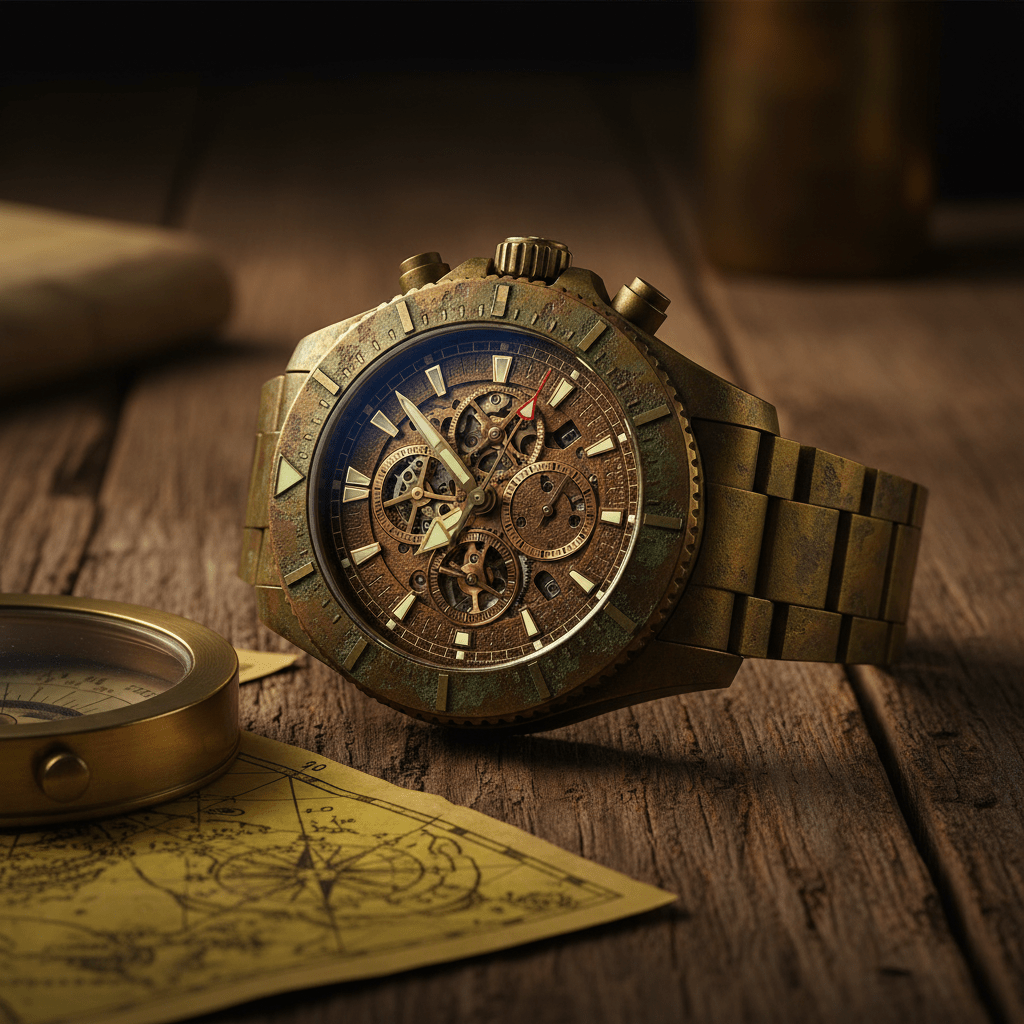 Macro view of a bronze GMT watch with rich patina and intricate dial detail.