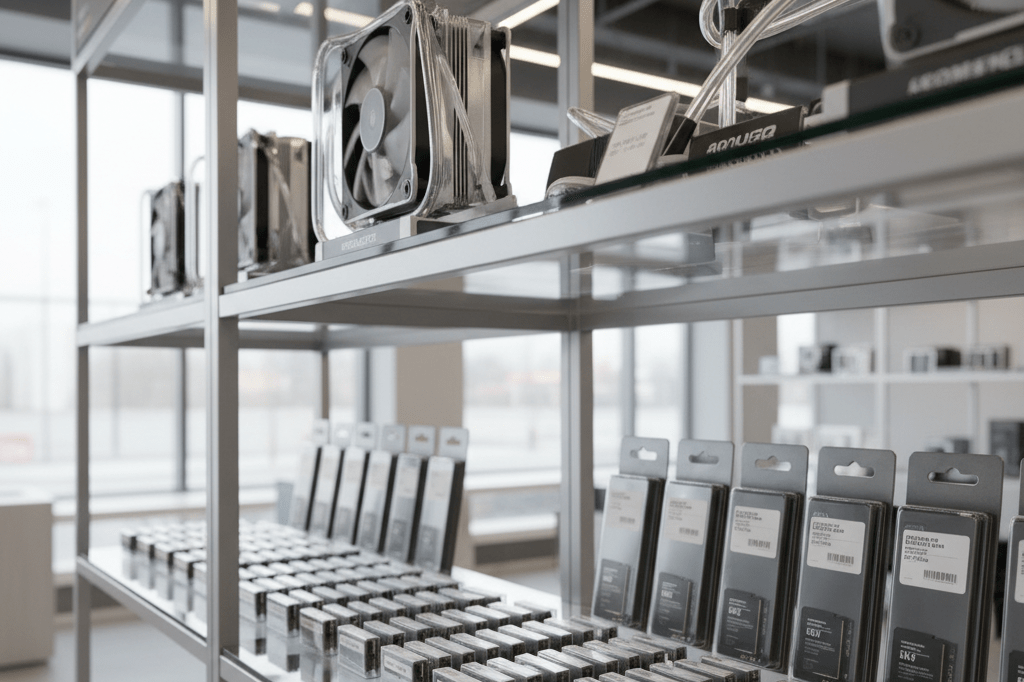 Generic gaming hardware components on retail shelf awaiting shipment Unbranded DDR5 memory and NVMe SSDs displayed on a retail shelf under natural light, symbolizing hardware supply chains
