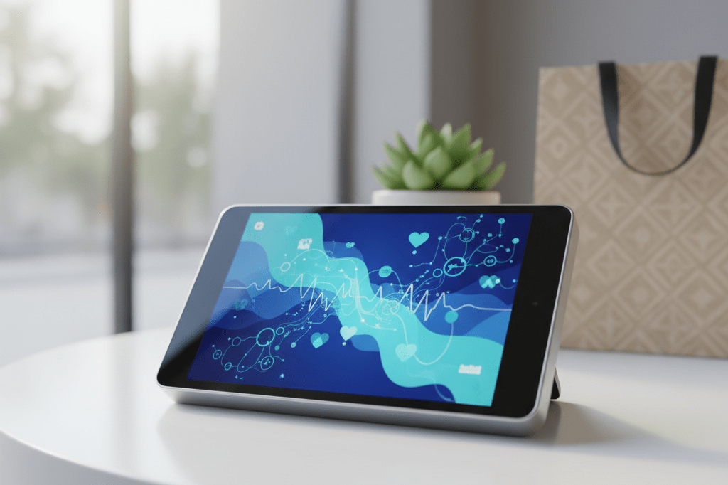 Advanced Digital Health Monitoring Device in Retail Setting Close-up view of a futuristic health tech gadget on a table in a softly lit retail-inspired space.
