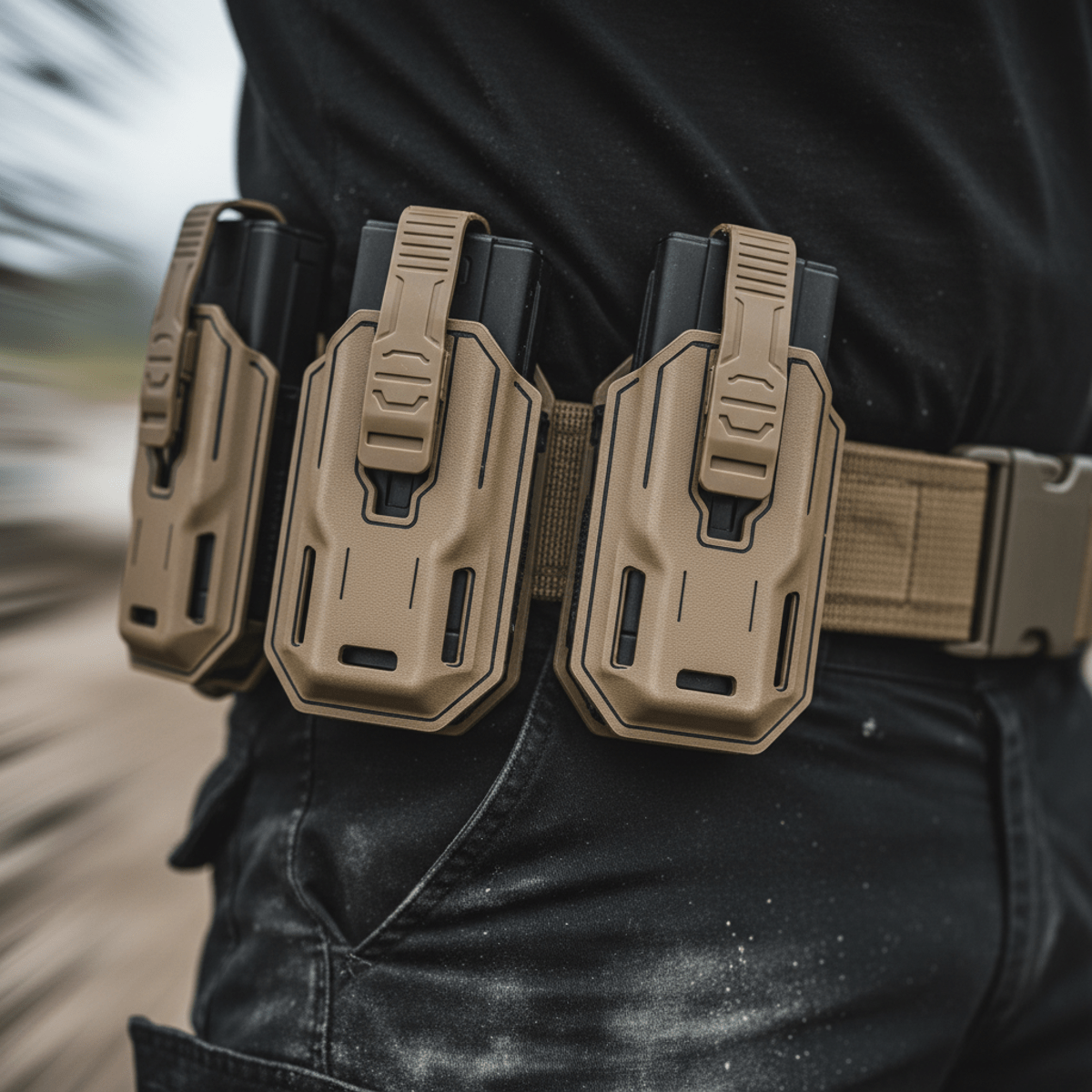Close-up of coyote brown magazine pouches on a tactical belt in a futuristic field.