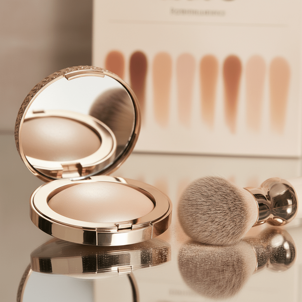Luxurious compact powder with cooling gel texture and makeup brush.