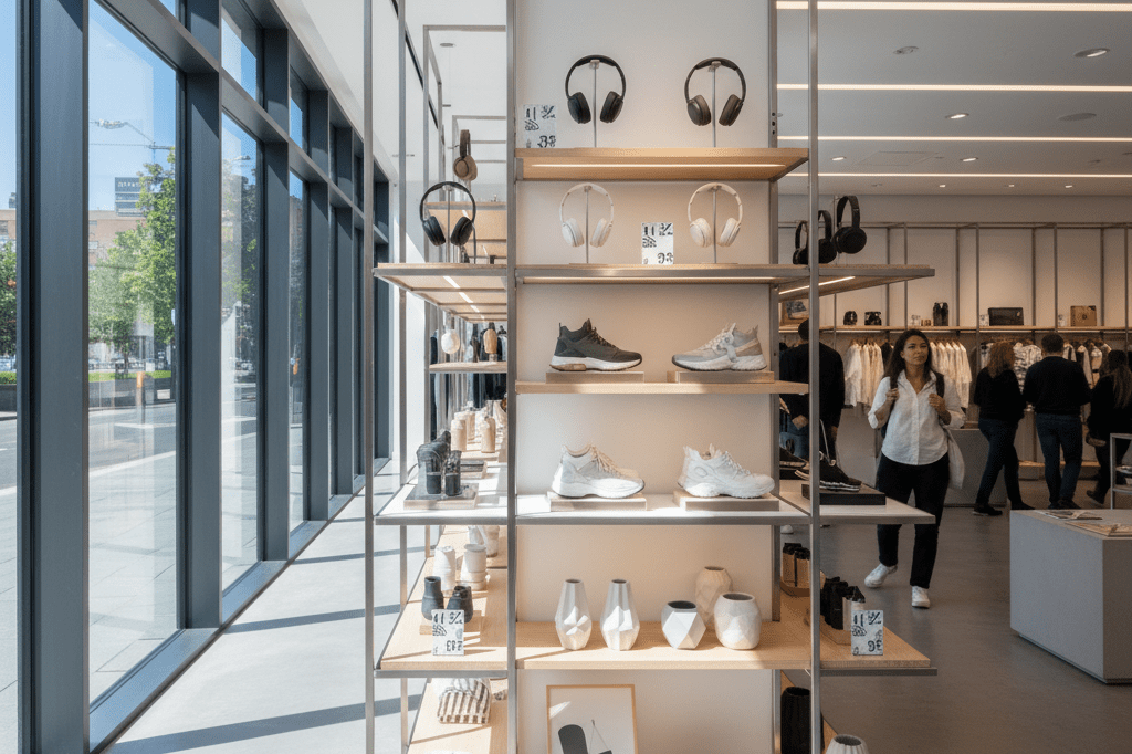 Wide shot of a stylish retail aisle displaying headphones, sneakers, and home decor, lit naturally to highlight strategic inventory choices