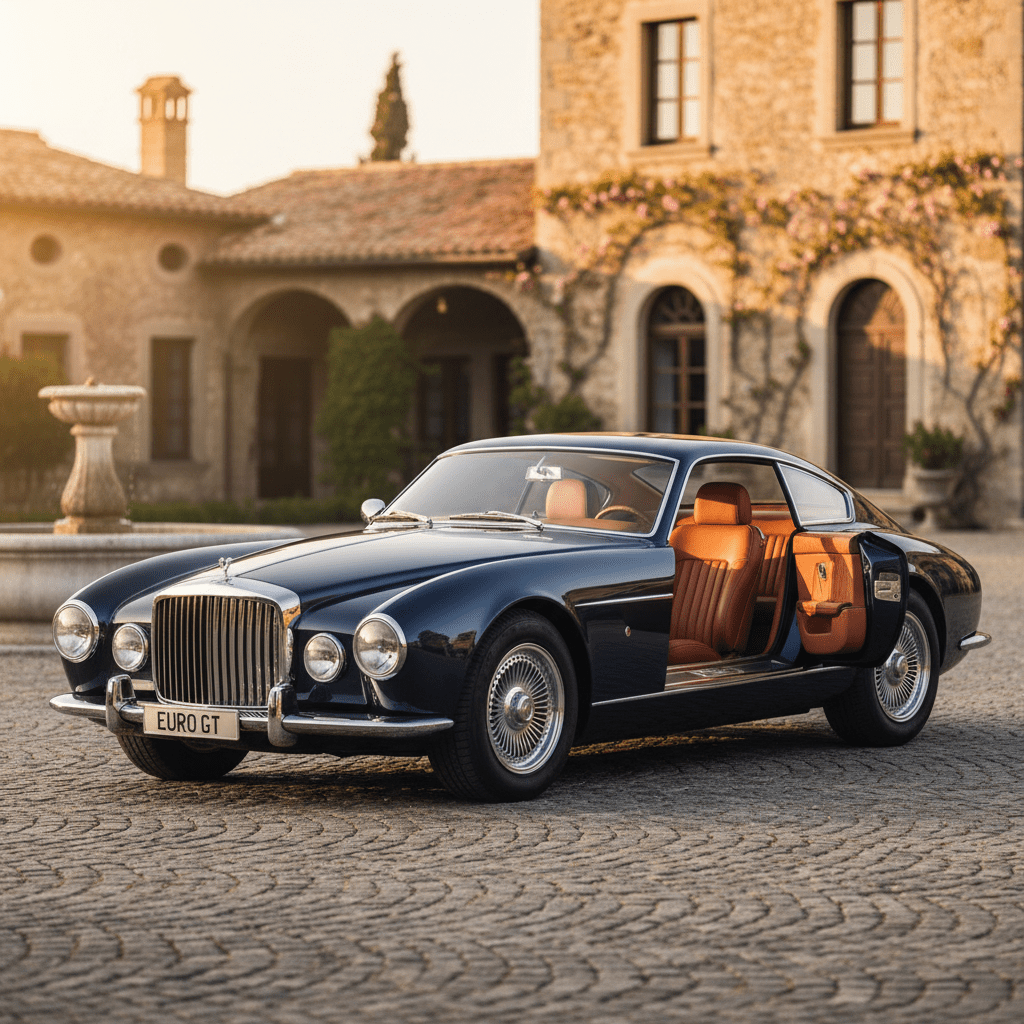 Elegant navy grand touring coupe parked before a historic European villa at golden hour.