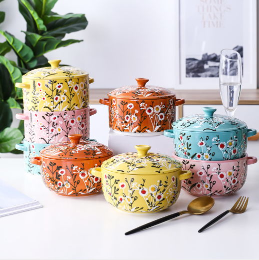 Оптовая цена, глубокая керамическая круглая Салатница с крышкой и ручками