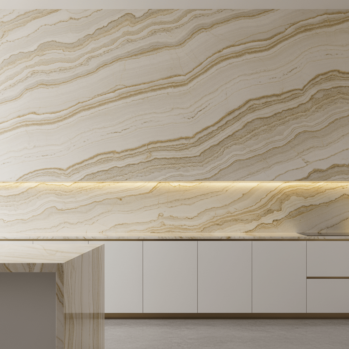 Modern kitchen features a striking quartzite wall from countertop to ceiling.