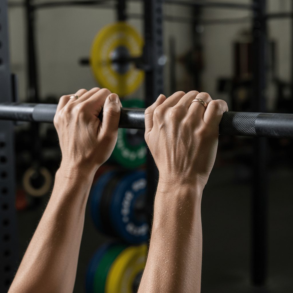 Mother's strong hands grip a pull-up bar, showing veins and chalk residue.