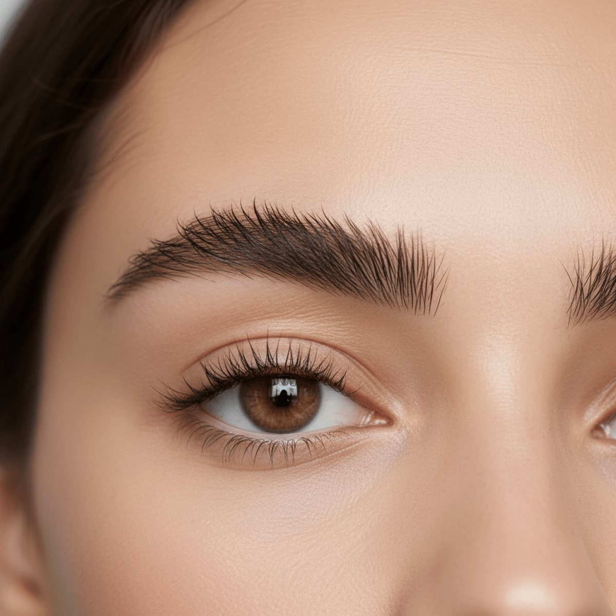 Close-up of fluffy natural eyebrows with individual hairs brushed upward.