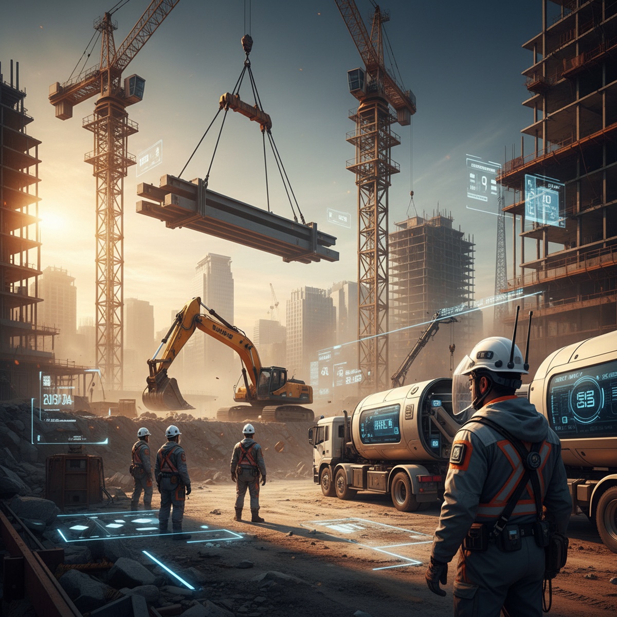 Future construction site with smart hard hats, cranes, excavators, and digital safety overlays.
