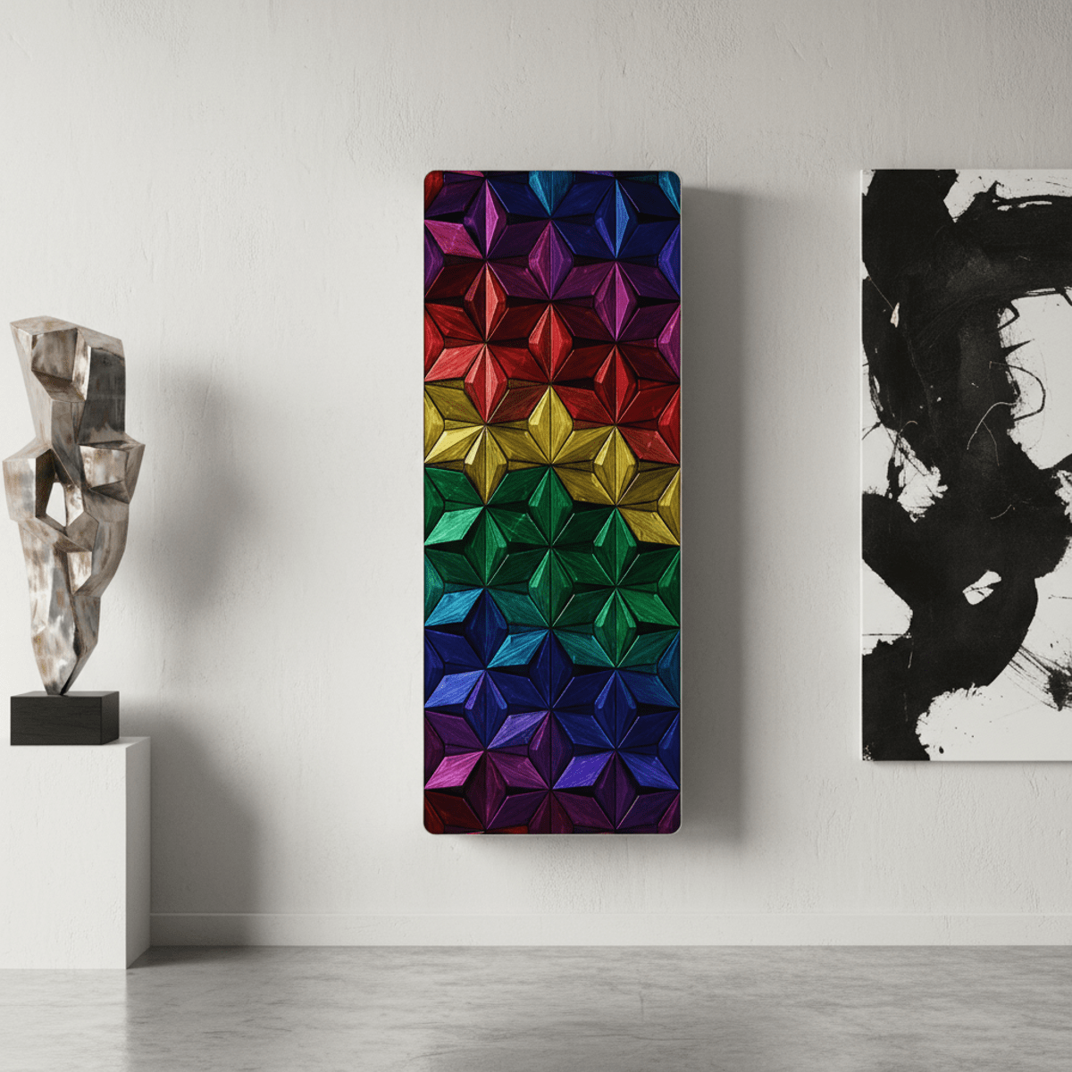 Vertical air conditioner with geometric patterns on a modern loft wall.