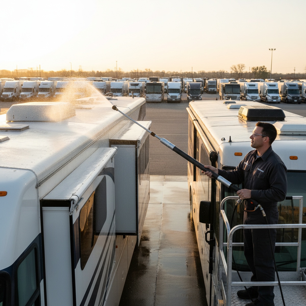 Operator pressure washing RV roof with telescoping carbon fiber extension wand.