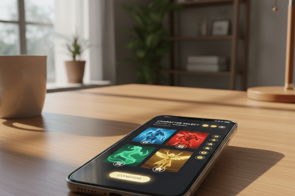 Wide shot of a phone screen displaying generic game menu with character avatars and reward icons under natural lighting