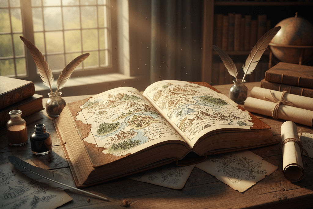Open book with hand-drawn maps and writing tools under warm natural light, representing detailed narrative creation