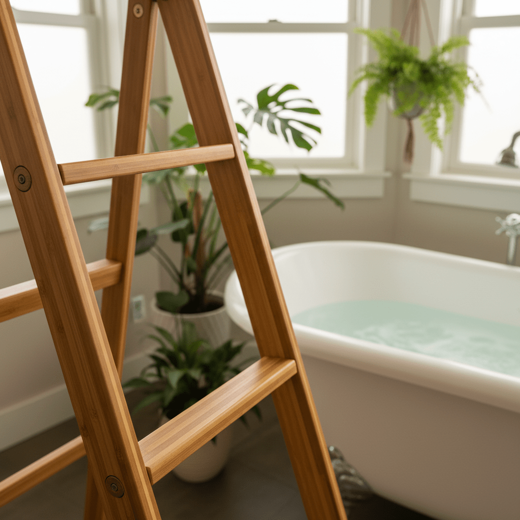 Elegant eco-friendly bamboo folding ladder in a serene bathroom with natural light.