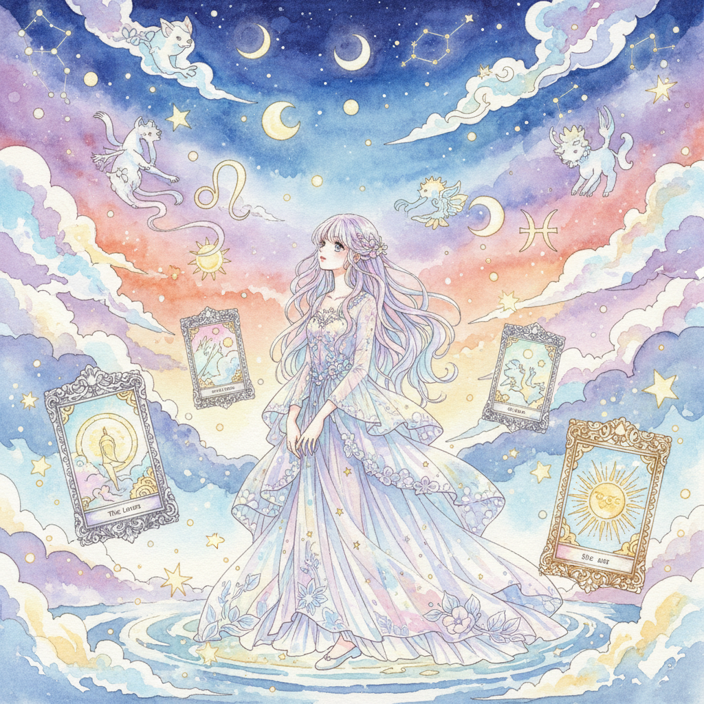 Manga-inspired celestial romance with a woman gazing at a starry night sky.