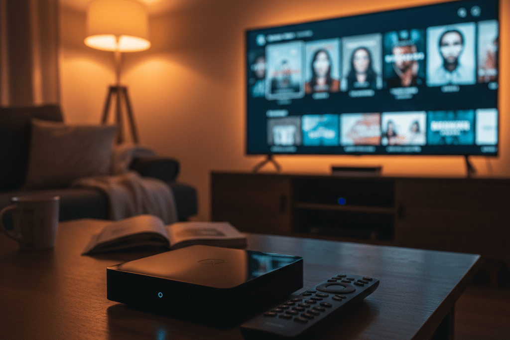 Paused streaming menu showcasing thriller thumbnails under ambient lighting, evoking modern entertainment consumption trends