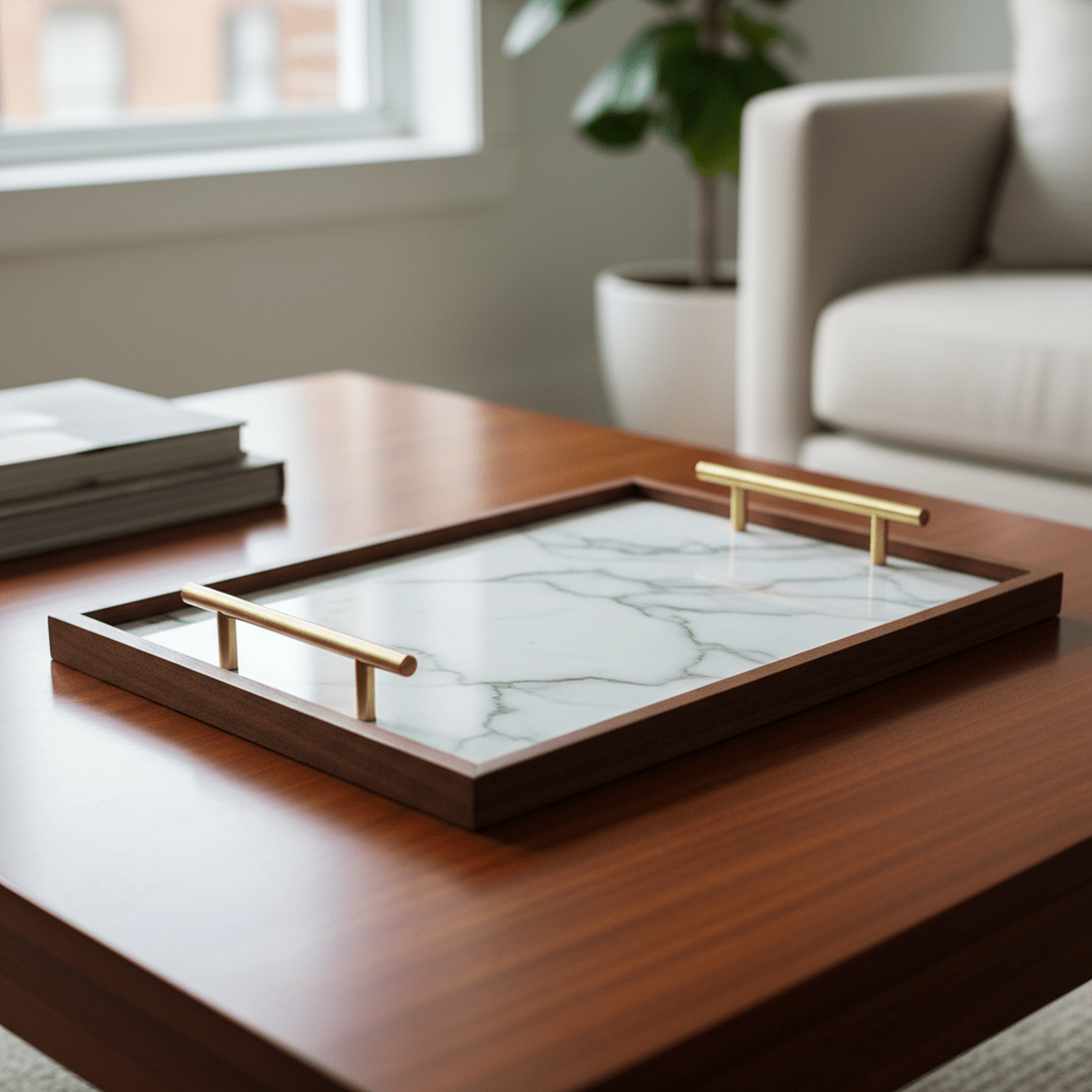 Upcycled decorative tray with marble print on a polished wooden coffee table.